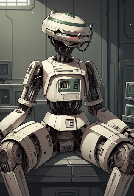 score_9, score_8_up, score_7_up, score_6_up, score_5_up, score_4_up, 1girl, <lora:L337:0.8> solo, no humans, robot, humanoid robot, helmet, sitting, spread legs, blush,
factory background,