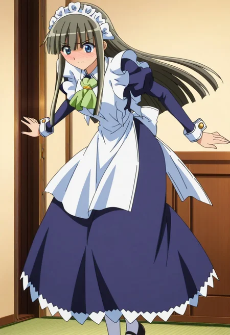 official art, detailed anime, finetuneanime,anime screencap, ultra detailed anime art, anime screencap, screencap, score_9, score_8_up, score_7_up, masterpiece, anime coloring, source_anime, Fubuki Maid, 1girl, solo, maid, maid headdress, blue eyes, blush, maid, green ascot, jewelry tie, sidelocks, long hair, large breast, curvy, large hips, pantyhose, shoes, cinnamon gray hair, sidelocks apron, blue dress, white pantyhose, blunt bangs, white patent cuffs, long sleeves, frills, juliet sleeves, maid apron, mary janes, very long hair, puffy sleeves, hair over eyes
BREAK
fullbody shot, standing, embarrassed, hands on leap, dynamic pose,