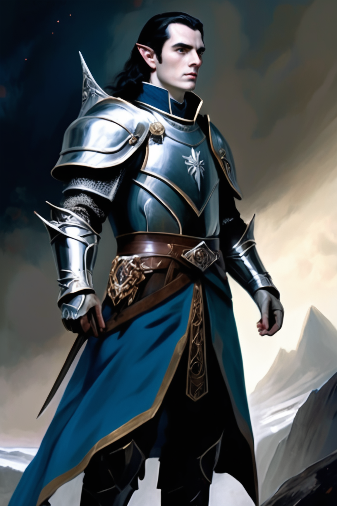 (art by goya:1.3), (fantasy illustration of the world of tolkien, mythic fantasy:1.3), male elf, dark hair, silver armor, blue shield with crystals, (Fingolfin was the strongest, the most steadfast, and the most valiant.:0.5)
 <lora:add_detail:0.7> <lora:aesthetic:0.7> <lora:HighElf:0.7> <lora:backlighting:0.5>
