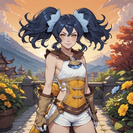 safe_pos, score_9, score_8_up, score_8, score_7_up, score_7, ExpressiveH,
BREAK
1girl, solo, Renee (Dragalia Lost), twintails, bangs, blue hair,  yellow eyes, hair ornament, small breasts, globes, corset, shorts, boots, petite, small breasts, looking at viewer, head tilt, seductive look, aroused, horny, standing, oiled skin, looking at viewer, lips parted, blushing, mischievous smile
BREAK
Garden, sunset, orange sky, purple sky, mountainous horizon