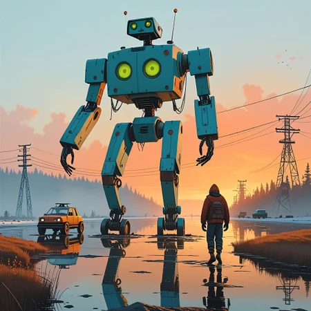 Cinematic, shot.
Dynamic view of an ancient goofy 12m tall disturbing (smiling) Sloth-shaped robot (and a man in front of it) in Simon Stalenhag's style from a futuristic era, at dusk hour with very long and realistic projected shadows, detailed frame, painting looks to be life like, on the ground, magical multicolored ink, high quality, imagination, fantasy art, vivid magical colors.
The shot takes place near an highway.
The robot is trying to cross an iced lake walking on four legs.
Many details everywhere. Ray-Tracing. Anti-Aliasing. Realistic reflections. Realistic soft shadows.
Slightly desaturated colors.
Insane quality. Insane resolution. Insane details. Masterpiece.
16k resolution
By Simon Stalenhag.