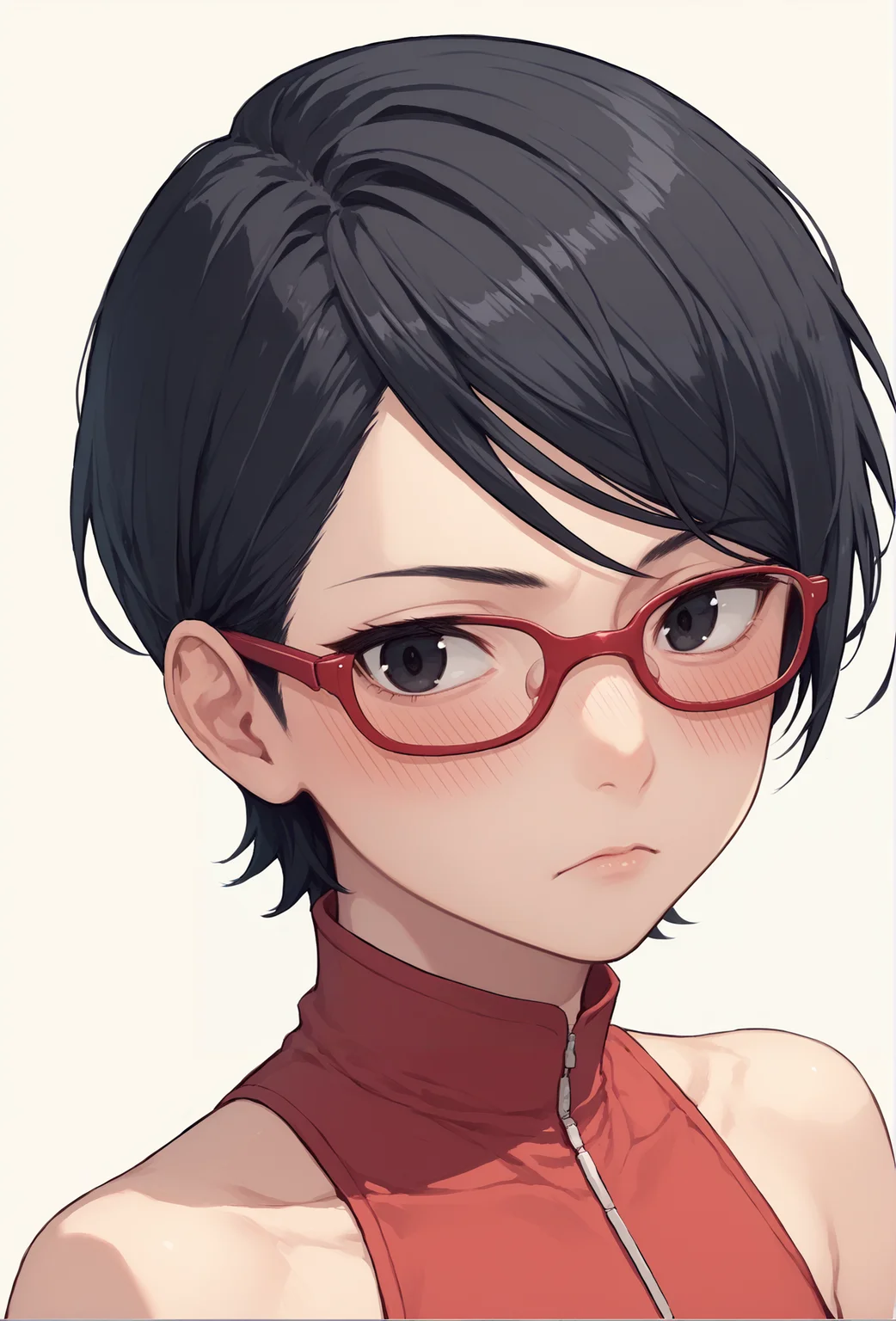 score_9, score_8_up, score_7_up,
uchiha sarada, bare shoulders, black eyes, black hair, blush, red framed glasses, short hair, <lora:Uchiha_Sarada_pony:0.8>
valenok