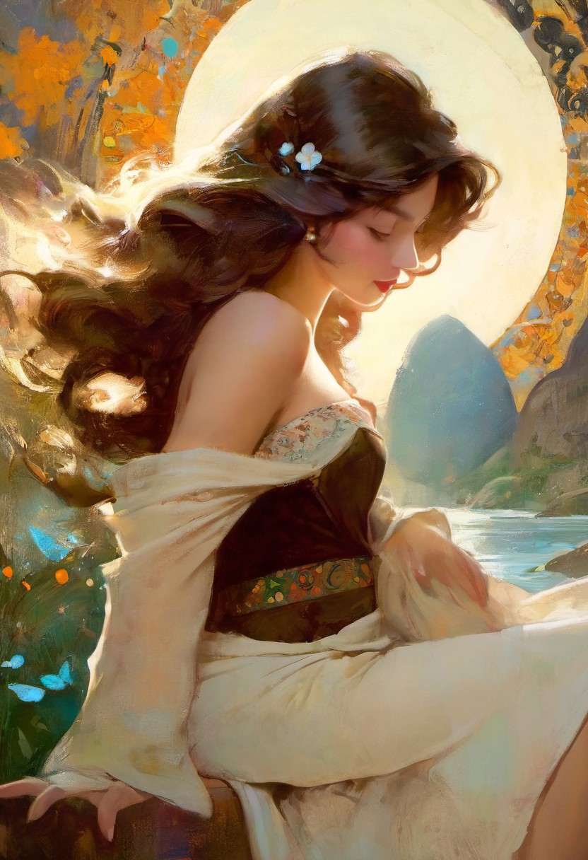 Top quality, 1 beautiful Thai woman, medium Hair, brown hair, dirndl skirt,  Romantic tender sexy paining by (Cyril Rolando:1.1) and Alphonse Mucha and norman rockwell and (Phil Koch:1.1) oil painting, masterpiece, top quality, best quality, detailed, highres, watercolor, illustration