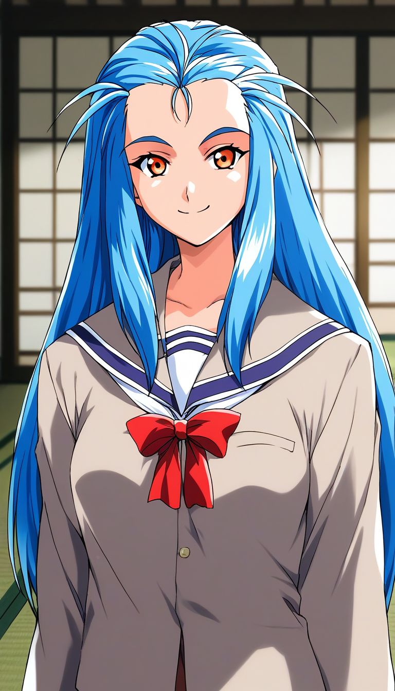 score_9, score_8_up, score_7_up, source_anime, rating_explicit, BREAK <lora:Minazuki_Kotoko_XL:1> Minazuki_Kotoko, blue hair, long hair, orange eyes, medium breasts,
1girl, solo,  looking at viewer, 1990s (style), 
upper body, bow, serafuku, red bow, long sleeves, striped, forehead, closed mouth, sidelocks
 standing, tatami,  smile,looking at viewer, cowboy_Shot,
