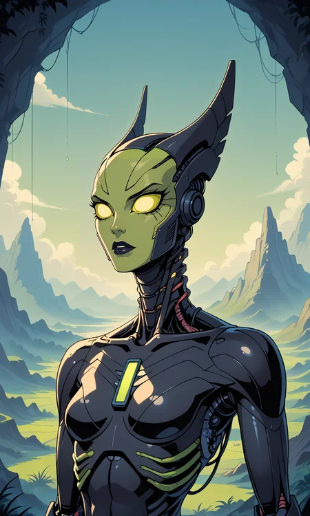 4n1v3rs3, score_9, score_8_up, score_7_up, (Western Comics), upper body shot, a person, flat black synthetic skin, spine is visible, showcasing unique blend of organic and artificial elements, eerie atmosphere, athletic figure, contrasting colors and textures emphasizing the tension between the natural and artificial components, physically unbiased rendering, mad-cbrbdy, cybernetics, human-machine fusion, (alien landscape), dystopian, organic meets artificial, dark, highly detailed, seductive, innocent, slim, skinny