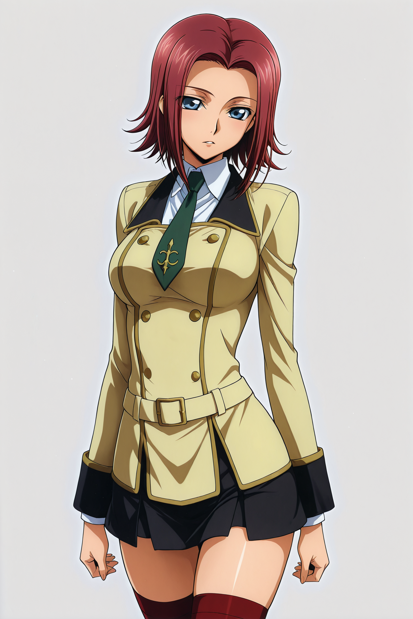 kallen stadtfeld,1girl,solo,red hair,short hair,blue eyes,kallen school uniform,cowboy shot,green necktie,black skirt,yellow uniform,ashford academy uniform,highhighs,simple background,white background,
<lora:Takahiro Kimura_illustriousXL:1>,