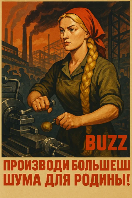1960s Soviet propaganda poster in bold Socialist Realism style. Rapunzel, reimagined as a heroic industrial worker, operates a heavy lathe in a bustling factory. Her signature golden braid is tightly coiled beneath a red headscarf, and she wears a khaki jumpsuit with rolled sleeves. The background features smoke-belching chimneys, steel girders, and comrades working in rhythm. Her expression is resolute, lit by dramatic chiaroscuro lighting. The palette is dominated by reds, rusts, and steel blues. Below, in strong Cyrillic type, the slogan reads: “Buzz - Производи больше шума для Родины!” 