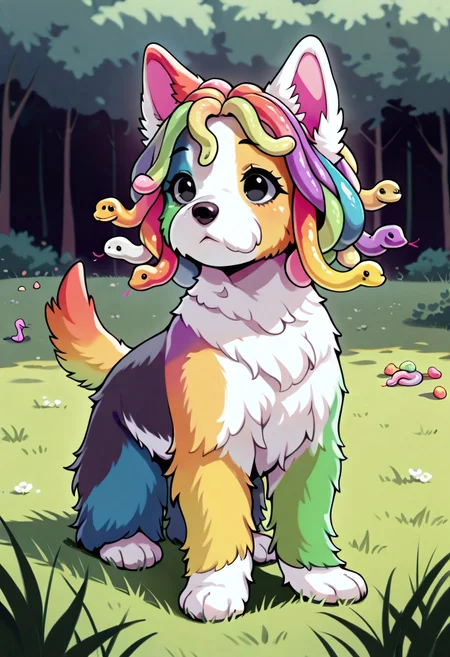 masterpiece, best quality, amazing quality, very aesthetic, absurdres, amazing detail, intricate detail, fluffy Scottish terrier, w3st13, black eyes, rainbow fur, dog, animal focus, snake_hair all over the body, gummy worm hair, gradient hair, sugar, multicolored hair, playing in a back yard grass lawn, ral-fluff