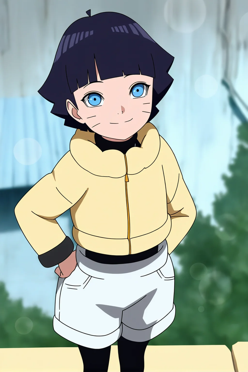 sharp focus, pixiv masterpiece, source_anime, score_9, score_8_up,  score_7_up, score_6_up, absurd res, BREAK
<lora:Himawari_Uzumaki_IL_v1-000012:0.88>,uzumaki_himawar1_illu, 1girl, solo, dark_blue_hair, short_hair,yellow jacket, sunny day, looking at viewer, grey_shorts, black leggings, cowboy shot, outside, abandoned village, from above, shiny, bokeh, blurry background, faint smile, thumbs up
