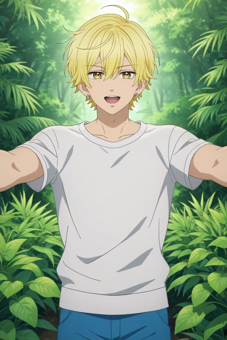 score_9, score_8_up, score_7_up, , rating_safe, , anime screencap, anime coloring, , , 1boy, solo, male focus, <lora:kai_miura_pony:0.92>, kai_miura, blonde hair, yellow eyes, short hair, bangs, hair between eyes, earrings, , , rule of thirds, energy plant, light, spread arms, laughing, shorts,, <lora:sdxl_lightning_8step_lora:1>