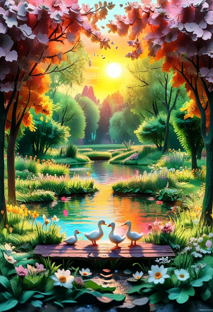 wide landscape view, fantastic HT scene,
summer. Pond, floating duck and swans, grass and flowers on the bank, bench on the bank, a sunny day, (((man and a woman))), stand on the bank of the pond, holding hands
high contrast, stylized, clear, surreal, ultra quality , 8k, best quality, masterpiece, textural, artistic, vivid color, vivid background, midjourneyv6.1, Colorful Chaos Cracks and Drops, surr, psychedelicv2lora, colorful, abstract, psychvibes artstyle, Papercut
