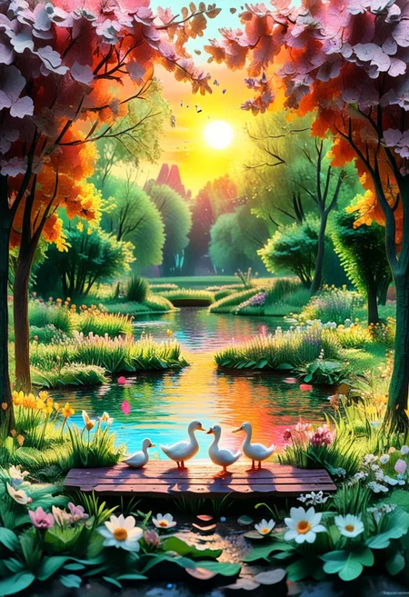 wide landscape view, fantastic HT scene,
summer. Pond, floating duck and swans, grass and flowers on the bank, bench on the bank, a sunny day, (((man and a woman))), stand on the bank of the pond, holding hands
high contrast, stylized, clear, surreal, ultra quality , 8k, best quality, masterpiece, textural, artistic, vivid color, vivid background, midjourneyv6.1, Colorful Chaos Cracks and Drops, surr, psychedelicv2lora, colorful, abstract, psychvibes artstyle, Papercut