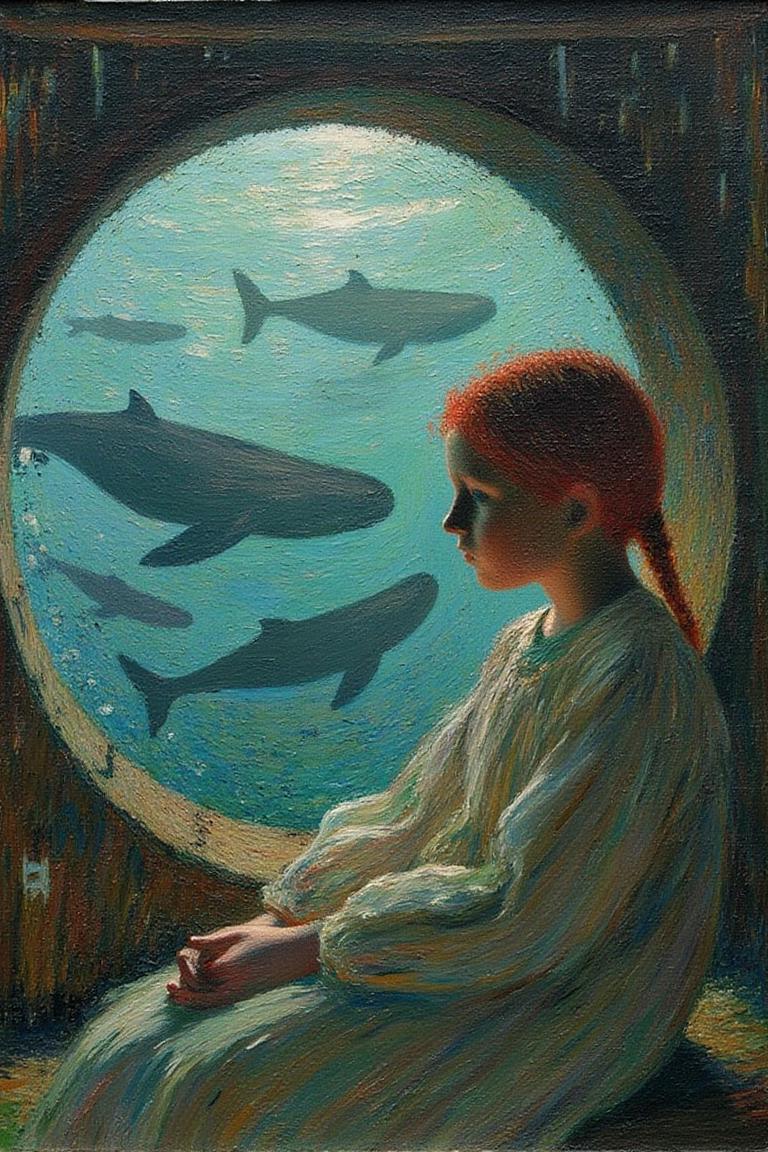 henrimartin1 painting.
A young girl with fiery red locks sits pensively beside a massive port hole within the confines of an ancient submarine, submerged in the depths of the ocean. A school of gentle giants, whale silhouettes, drift by outside as soft blue-green light from the exterior illuminates the interior, casting an ethereal glow on the subject's profile. <lora:henrimartin1_cap_d8a4e12:1.0><lora:852059208999278308:0>