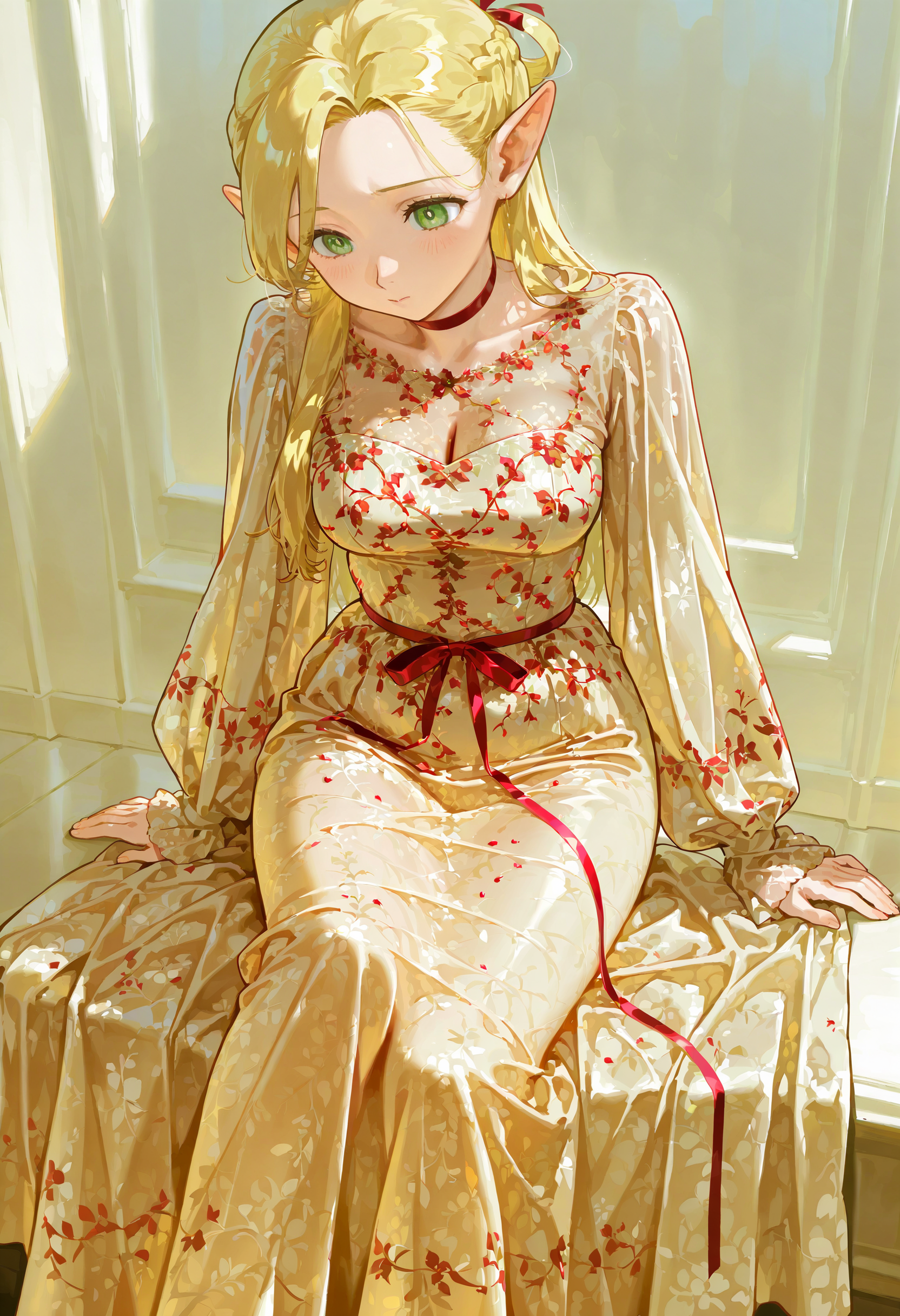 1girl, solo, dress,red ribbon,long sleeves,marcille_donato,sitting,