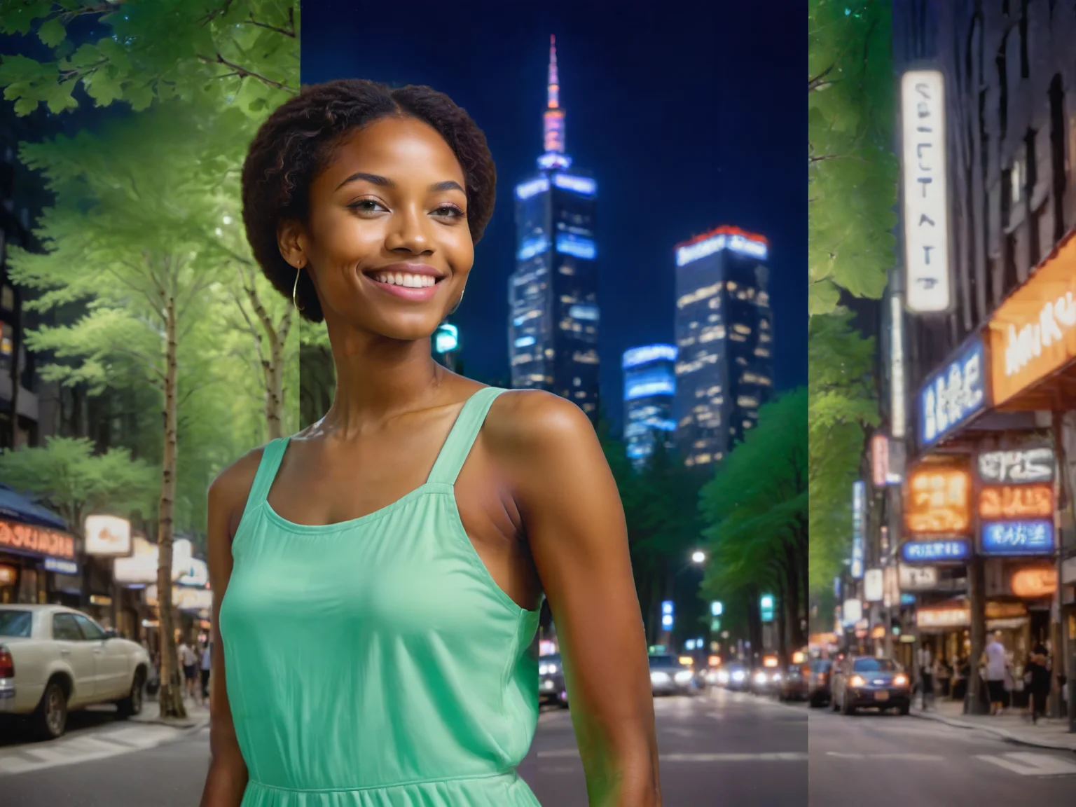 triptych, of a beautiful 25 years old black woman wearing a modest cotton sundress with a gentle smile, a futuristic city street in tokyo with neon lights at night, a sunny forest with aspen trees, style of (closeup photograph:2) <lora:Triptych:1>