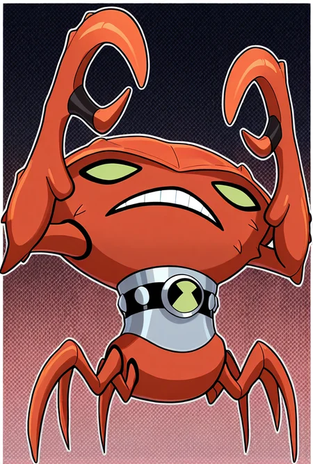 <lora:brainstorm-07:1> brainstorm, solo, teeth, no humans, pokemon (creature), green eyes, clenched teeth, full body, crab, craw claws, spider legs, , collar, masterpiece, best quality, amazing quality, very aesthetic, absurdres, newest,, upper body, halftone effect, white borders, abstract background:1.2,