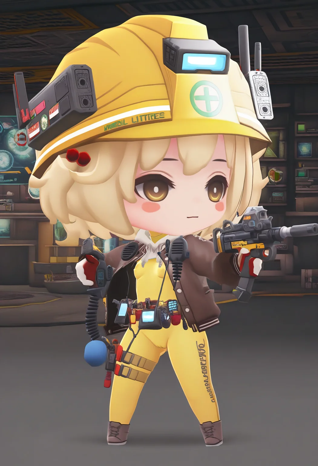best hands, 5 fingers <lora:mn_Litter_IL1.2:1>serious, aiming, chibi
mn_Litter_IL, official art, 1girl, yellow helmet, headpat, yellow eyes, blonde short hair, two side up, hair bobbles, sweat,
small breasts, Tool belt, thigh strap, yellow bodysuit, skin tight, science fiction, brown open jacket, Footwear, drawstring, hood down, walkie-talkie, holster, two-tone gloves, covered nipples, cameltoe,
holding Machine gun, trigger discipline, finger on trigger