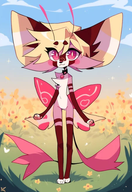 score_9, score_8_up, score_7_up, solo, Valentime, 1girl, source style, skinny, yellow cat nose, pink eyes, (yellow sclera:1), yellow hair, long antennas, big eyes, Anthro, Madagascar Pink fur, Cat, fairy, cat fairy, yellow butterfly wings, by Pastarru, standing, looking at viewer, field, full body, sky, butterfly wings on waist, two tails,