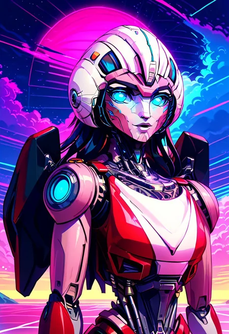 score_9, score_8_up, score_7_up, screencap, detailed eyes, looking at viewer, bust shot, multiple views, perfect face, arceerotb, autobot, 1girl, red and white body, mechanical parts, robot, helmet-like head, robotic face, glowing blue eyes, autobot symbol on forehead, fairing-like chest, wheels on back, narrow waist, synthwave, vaporwave, wave, lasers, sunset, synthwave-galaxy, unique pose, unique angle, multiple views