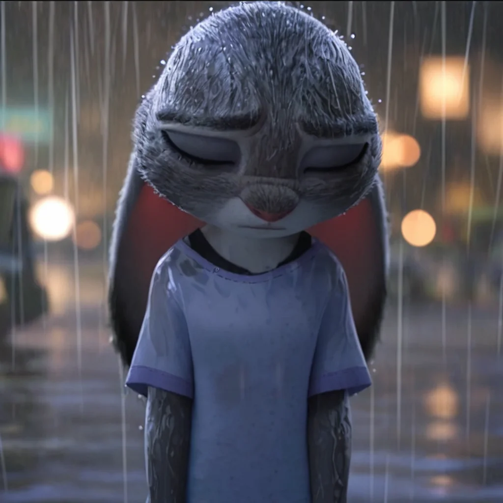 <lora:judyhopps-v3-Yiffy:0.8> judyhopps, judyciv, white shortsleeve shirt, solo, depth of field, bokeh, ears down, sad, rain, BREAK best quality, high quality, masterpiece