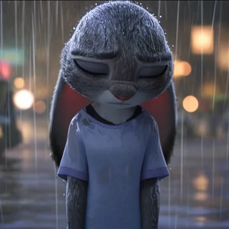 <lora:judyhopps-v3-Yiffy:0.8> judyhopps, judyciv, white shortsleeve shirt, solo, depth of field, bokeh, ears down, sad, rain, BREAK best quality, high quality, masterpiece