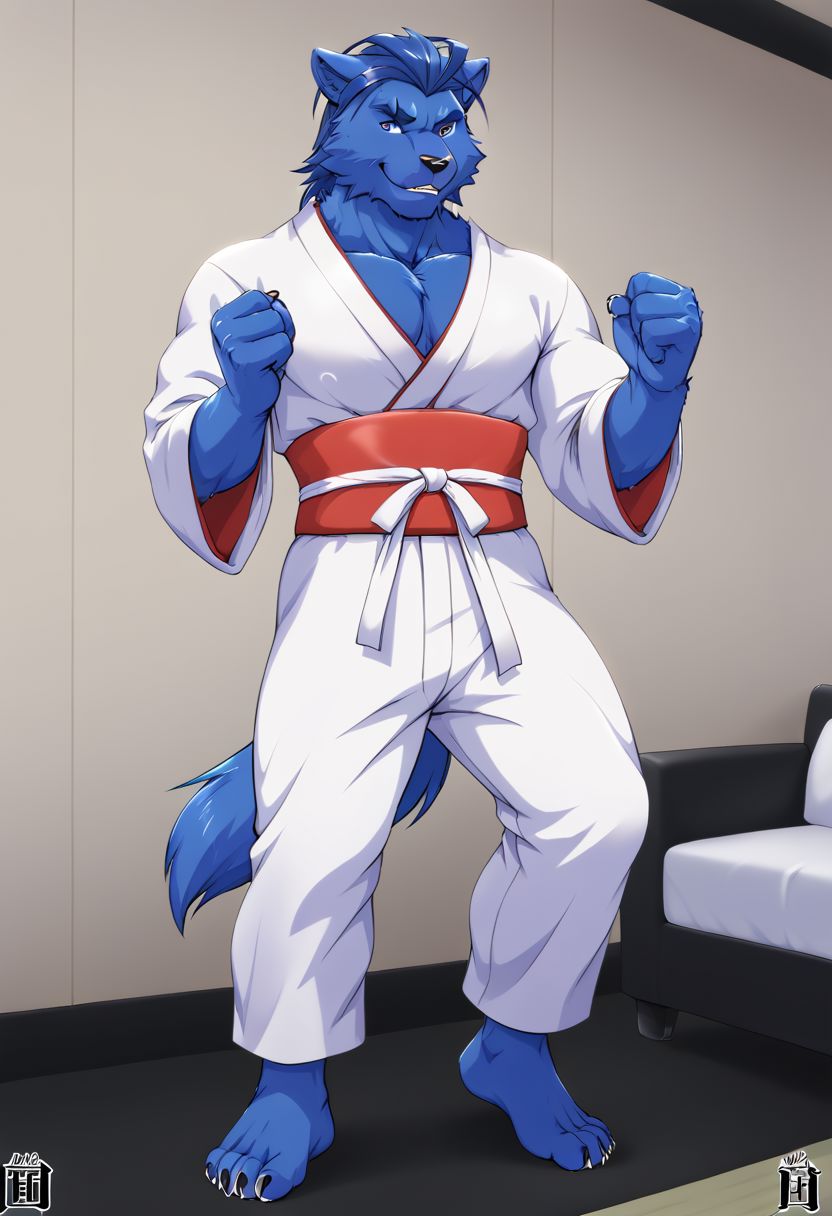 (((Barefoot furry character, full body, cinematic setting, furry male, plantigrade))) 
(((Beast from X-Man))), muscular, beefy, brawny, (((wears white kimono and lonh white pants))), (((performs karate kick))), blue fur on entire body
BREAK, detailed background, 8K, (masterpiece:1.5), intricate details, highly detailed, extreme detail, octane render, fine art, best quality, highres, (detailed face:1.5), ((full_body)), UHD, (((perfect hands))), low light