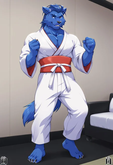 (((Barefoot furry character, full body, cinematic setting, furry male, plantigrade)))
(((Beast from X-Man))), muscular, beefy, brawny, (((wears white kimono and lonh white pants))), (((performs karate kick))), blue fur on entire body
BREAK, detailed background, 8K, (masterpiece:1.5), intricate details, highly detailed, extreme detail, octane render, fine art, best quality, highres, (detailed face:1.5), ((full_body)), UHD, (((perfect hands))), low light