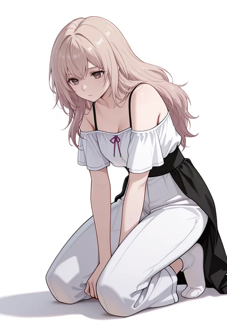 masterpiece,high quality details,
<lora:Kazusa_Ootori_V2:0.8>
kazusa_cnr, 1girl, light brown hair, long hair, brown eyes,, simple background, white background, front view,solo,, expressionless,stifled laugh,, kneeling on floor,bent forward at waist,standing on tiptoes,, waist cape,off-shoulder top ,high-waist pants, ,calf socks,