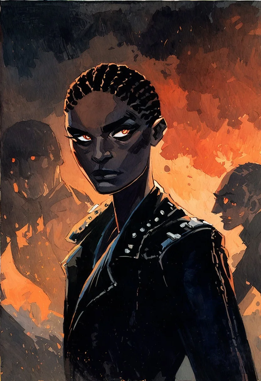 score_9, score_8_up, score_7_up, score_6_up, 1girl, watercolor painting, cowboy shot, (african), woman, (dark-skinned female), cornrows, leather jacket, surrounded by shadows, her eyes glowing red, background is a dark room, twisted shadows, sinister look on face, eye contact, 
expressive,
black linework, black hair, fflix-shadows, silhouette