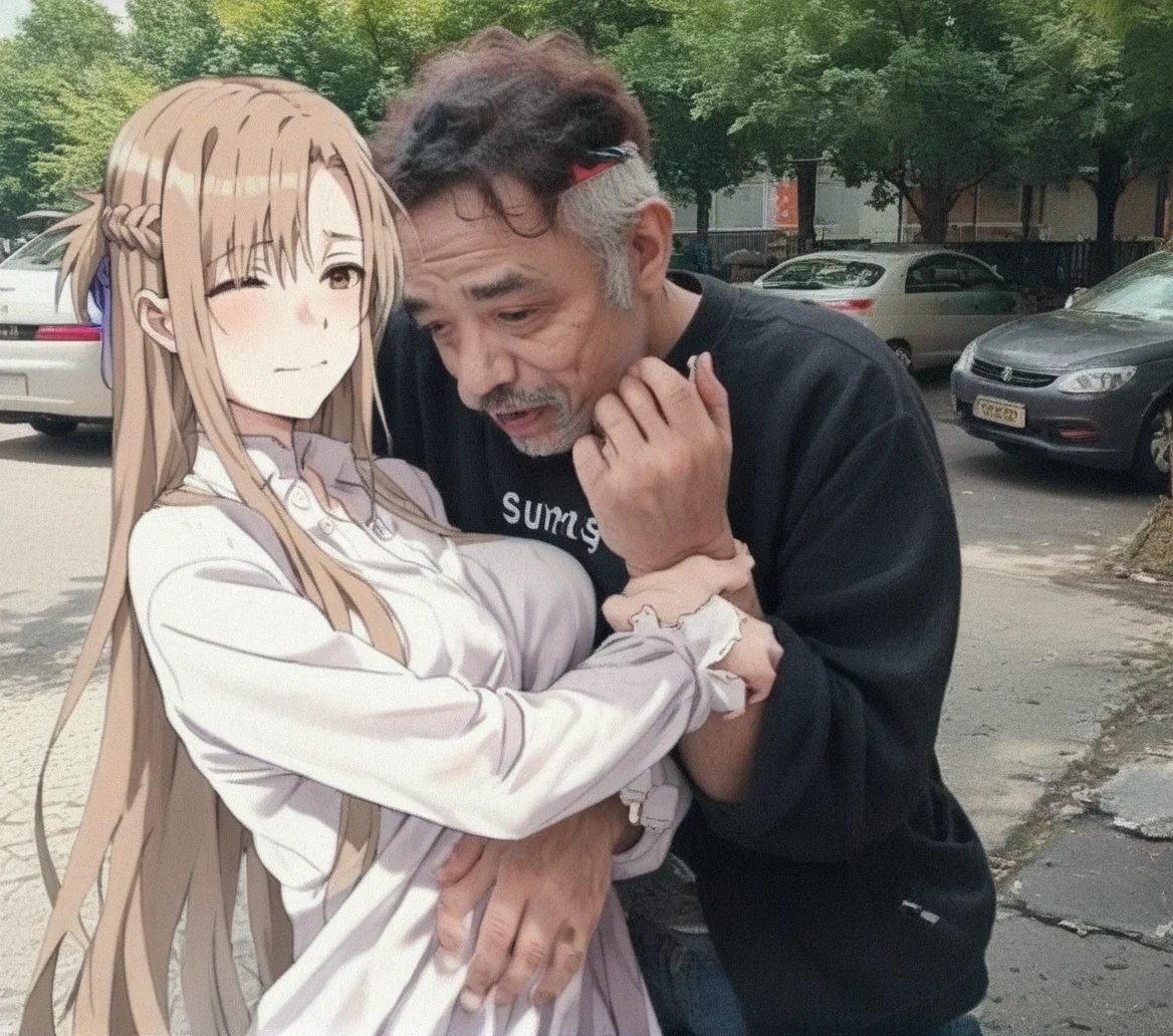 Score_9,Score_8_up,Score_7_up,,realboy and animegril,1girl,1boy,embraced by an old man,groping,public_indecency,asuna \(sao\),<lora:realboyandanimegril001_pony:0.9>