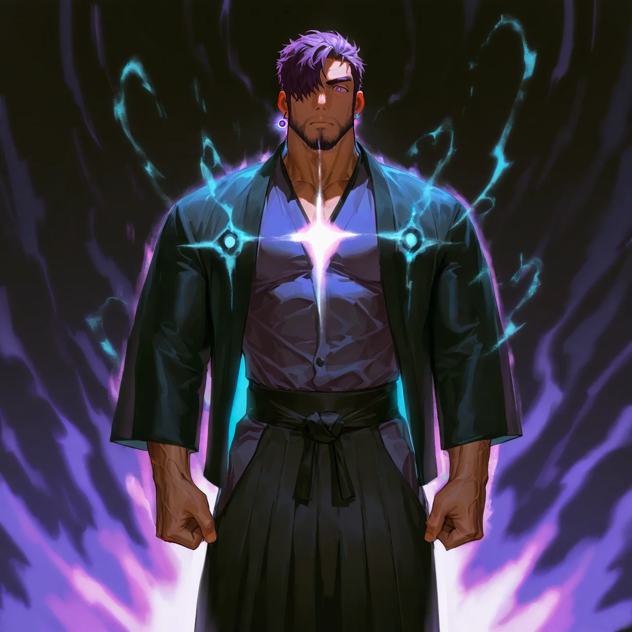 <lora:Reido__Alchemist_Code-000003:.7>, tagatamereido, 1boy, purple hair, purple eyes, hair over one eye, short hair, solo, male focus, manly, mature male, muscle body, bara, earings, knot, shirt, jacket, pants, glowing, long skirt, barefoot, tabi, zouri,
cowboy shot,
(very short hair, beard, bara, mature, facial hair, stubble, beard, full beard, sideburn, beard, a lot of beard, ), facial hair,male focus, muscular male, muscular male, bara, mature, bara, mature, aixiwuganda_(20222192), very awa, masterpiece, best quality, absurdres, newest, perfect quality, detailed background, intricate details,
<lora:slider_Body Type_alpha1.0_rank4_noxattn_last:3><lora:Anime Summer Days 2 Style SDXL_LoRA_Pony Diffusion V6 XL:.6><lora:slider_cfg_scale_boost:.7><lora:Artist6p:.55>, Artist6p, Artist04p,<lora:slider_il_brightness_slider_d1:-1><lora:slider_il_contrast_slider_d1:-1><lora:slider_DarkSlider1.2_alpha1.0_rank16_full_300steps:-.6>