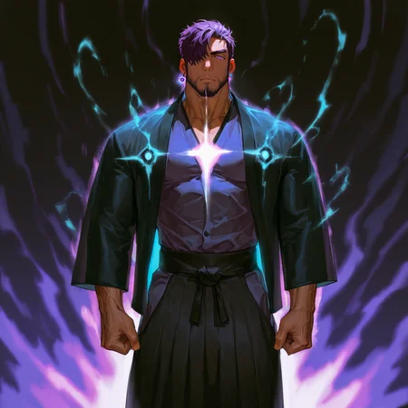 <lora:Reido__Alchemist_Code-000003:.7>, tagatamereido, 1boy, purple hair, purple eyes, hair over one eye, short hair, solo, male focus, manly, mature male, muscle body, bara, earings, knot, shirt, jacket, pants, glowing, long skirt, barefoot, tabi, zouri,
cowboy shot, 
(very short hair, beard, bara, mature, facial hair, stubble, beard, full beard, sideburn, beard, a lot of beard, ), facial hair,male focus, muscular male, muscular male, bara, mature,  bara, mature, aixiwuganda_(20222192), very awa, masterpiece, best quality, absurdres, newest, perfect quality, detailed background, intricate details,
<lora:slider_Body Type_alpha1.0_rank4_noxattn_last:3><lora:Anime Summer Days 2 Style SDXL_LoRA_Pony Diffusion V6 XL:.6><lora:slider_cfg_scale_boost:.7><lora:Artist6p:.55>, Artist6p, Artist04p,<lora:slider_il_brightness_slider_d1:-1><lora:slider_il_contrast_slider_d1:-1><lora:slider_DarkSlider1.2_alpha1.0_rank16_full_300steps:-.6>