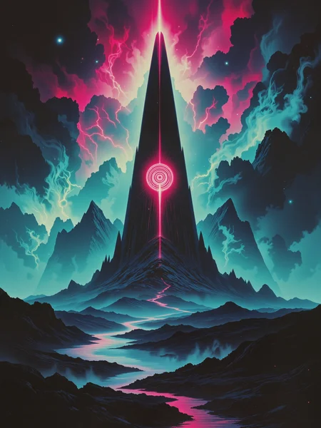 famous artwork, masterwork, highly aesthetic, fantasy, hyper-realistic, photo-realistic, ultra detailed, high resolution, uhd, 8k, 4k, epic, dramatic, accurate, rule of thirds composition, at night, dim lighting, the tower of cosmic nihility, the farseeing eye that reveals, we may wander, lost in its light, the cosmic horror empowers me, an escape from my need to believe, arcane rune, haunted shadows, cosmic spire, eye in the sky, spectral sentinel, shimmering obelisk, forbidden knowledge, cosmic nebula, the color palette is predominantly dark anthrazit grey with aquamarine blue and and bordeaux red accents, lovecraftian, cthulhu mythos, ovg, aidmafluxpro1.1, arsmoviestill, 80s fantasy movie still, <lora:flux_pro1.1_detailer-v0.3-flux-by_aidma:0.6> <lora:style-80s_fantasy_movie-v3-flux-by_arsmachina:0.76>