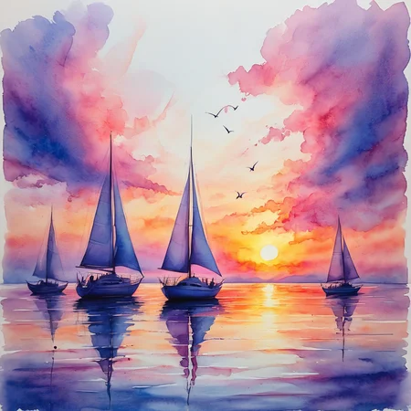 <lora:WatercolorSDXL2:1> ArsMJStyle, Watercolor, A vivid sunset over a calm sea, with sailboats silhouetted against the fiery sky. The water mirrors the brilliant oranges, pinks, and purples of the fading light, broken only by gentle ripples. The scene captures the fleeting beauty of the day's end.