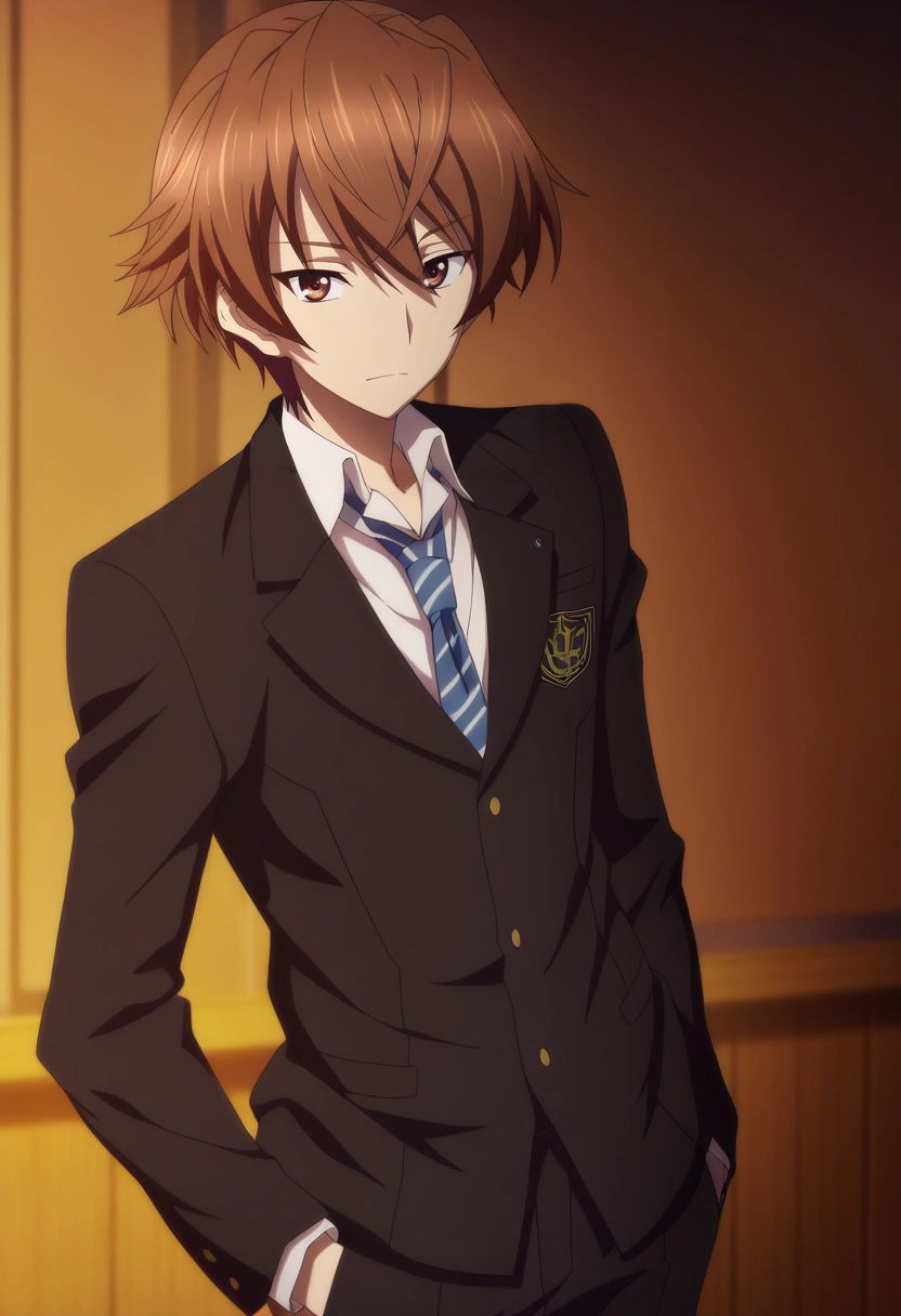 masterpiece, best quality, intricate details, anime screencap, anime coloring, official style, looking at viewer, 1boy, solo, male focus, <lora:takeya_iizuka_ilxl:0.94>, takeya_iizuka, brown hair, brown eyes, short hair, school uniform, black jacket, white shirt, collared shirt, blue necktie, striped necktie, black pants,