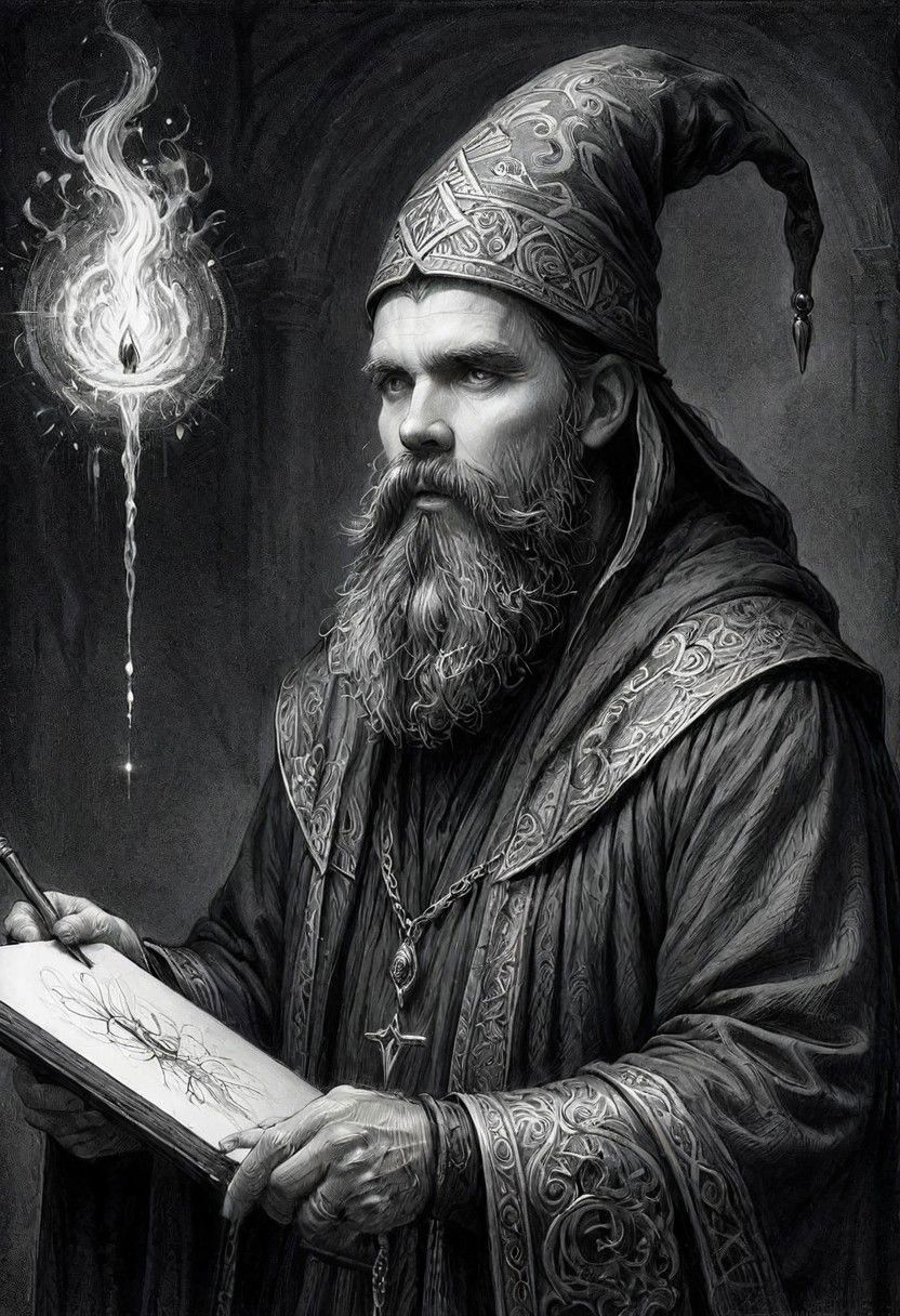 ink art, a black and white drawing of a bearded man wizard, a charcoal drawing by Ed Binkley, cgsociety, fantasy art, charcoal drawing, pencil sketch, detailed painting