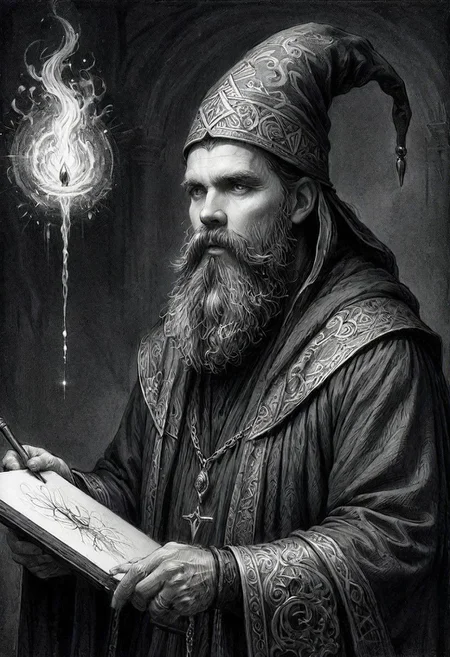 ink art, a black and white drawing of a bearded man wizard, a charcoal drawing by Ed Binkley, cgsociety, fantasy art, charcoal drawing, pencil sketch, detailed painting