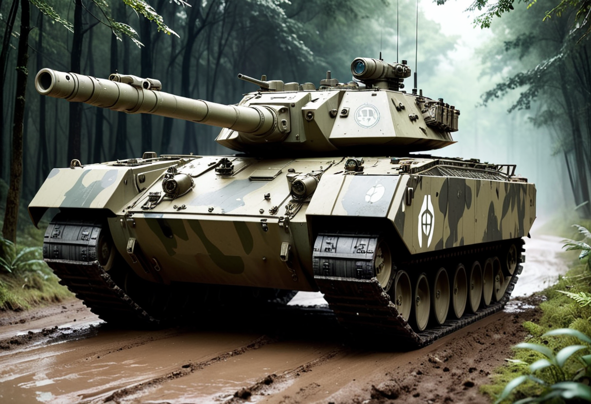 (medium full shot) of (formidable mobile urban-camo tank) with ceramic armor, diesel, reinforced turret, adorned with unit insignia, set in  a muddy forest path, with difficult terrain and narrow passages, the tank pushing forward, during a nighttime operation, ,Masterpiece,best quality, photo, realistic, very aesthetic