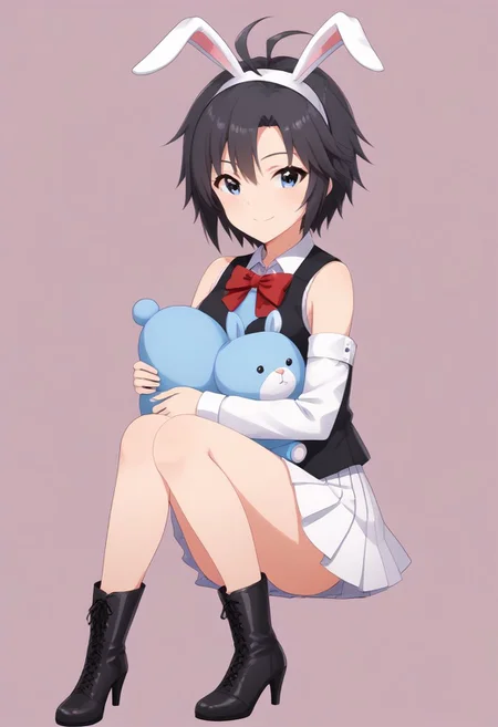 1girl, solo, kikuchi makoto, kkcmkt, short hair, black hair, antenna hair, hair between eyes, black eyes, flat chest, small breasts,
1girl, animal ears, antenna hair, bare shoulders, black footwear, black hair, black vest, blue eyes, blush, boots, bow, bowtie, breasts, closed mouth, cross-laced footwear, detached sleeves, fake animal ears, fluffy, full body, hairband, high heel boots, high heels, holding, holding stuffed toy, hugging object, knee boots, lace-up boots, light blush, light smile, looking at viewer, pink background, pleated skirt, pom pom \(clothes\), rabbit ears, rabbit symbol, red bow, red bowtie, romaji text, short hair, sitting, skirt, sleeveless, sleeves past wrists, small breasts, smile, solo, star \(symbol\), stuffed animal, stuffed rabbit, stuffed toy, very short hair, vest, white hairband, white skirt, white sleeves
masterpiece, best quality, very aesthetic, absurdres,