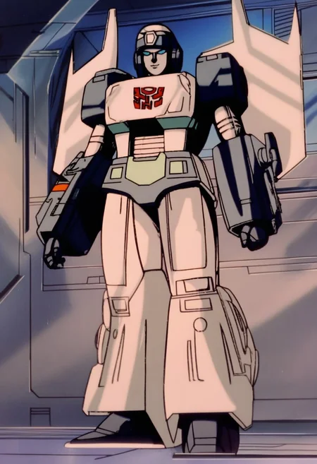 score_9, score_8_up, score_7_up, animation, transformers, 1girl, robot, Decepticon, Tall, slim, Seeker, Starscream glowing eyes, blue eyes, large eyes, circular eyes, white armour, forward long jet swept wings, transforms into futuristic Stealth Mig Fighter Jet, full body, cowboy shot, smiling, holding null ray blasters, Decepticon Symbol (purple), long skirt armour (straight), head crown,
<lora:StarScream1.2:1>