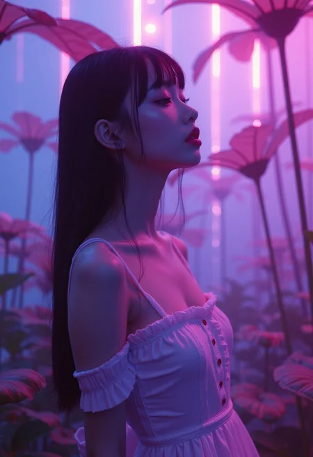 This is a digital artwork rendered in a hyper-realistic, photorealistic style. The image features a young Asian woman standing in a fantastical, neon-lit environment filled with large, ethereal plants. The woman, likely in her early twenties, has long, dark hair cascading down her back and bangs framing her face. She has a slender physique and fair skin. Her eyes are closed, and her expression is contemplative, with a serene, almost ethereal quality.