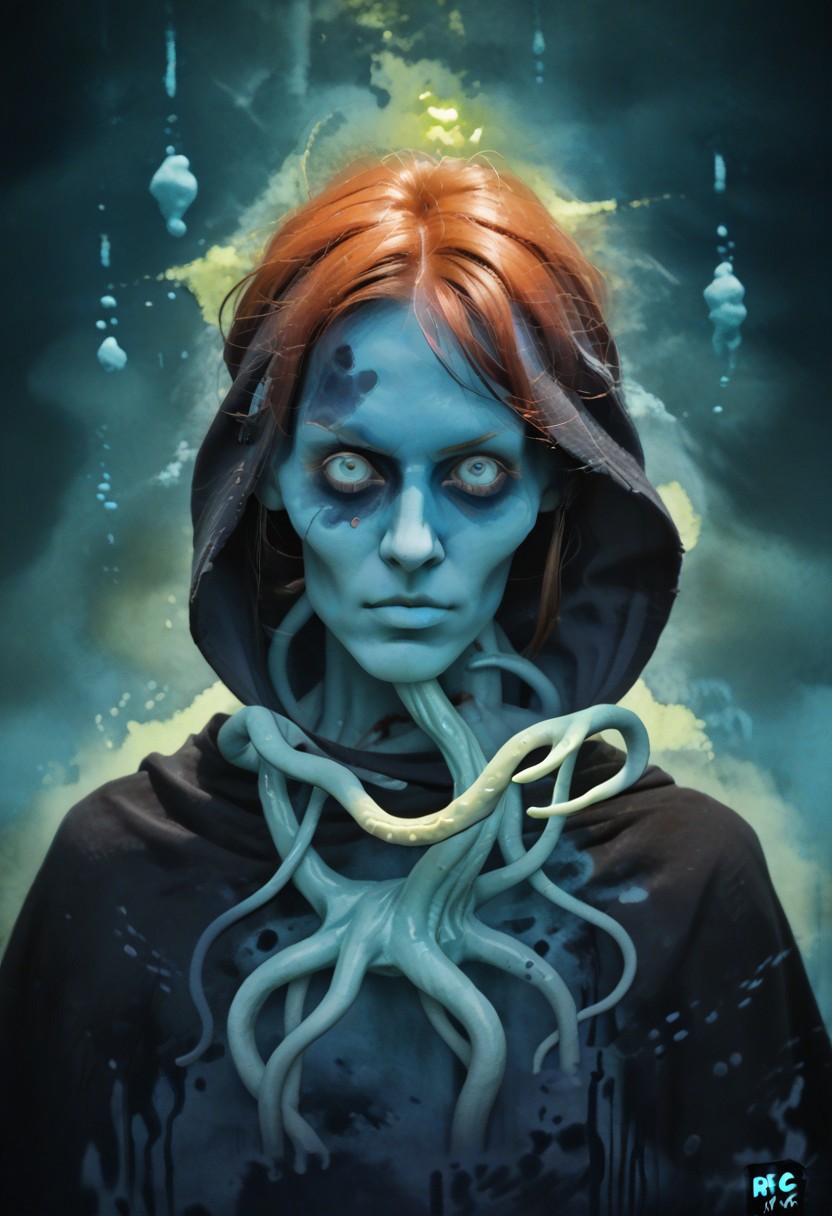 weird water woman, 19yo, portrait, strange tentacles, prismatic beams, score_9, score_8_and_up