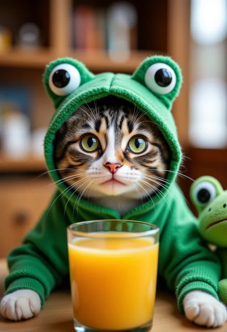 Professional photograph of A cute tabby cat wearing a green frog costume, sitting at a table. The cat has big green eyes and a content expression. There is a glass of orange juice on the table and a plush frog toy next to the cat. aidmafluxpro1.1, aidmaMJ6.1, aidmaimageupgrader, aidmaHyperrealism
