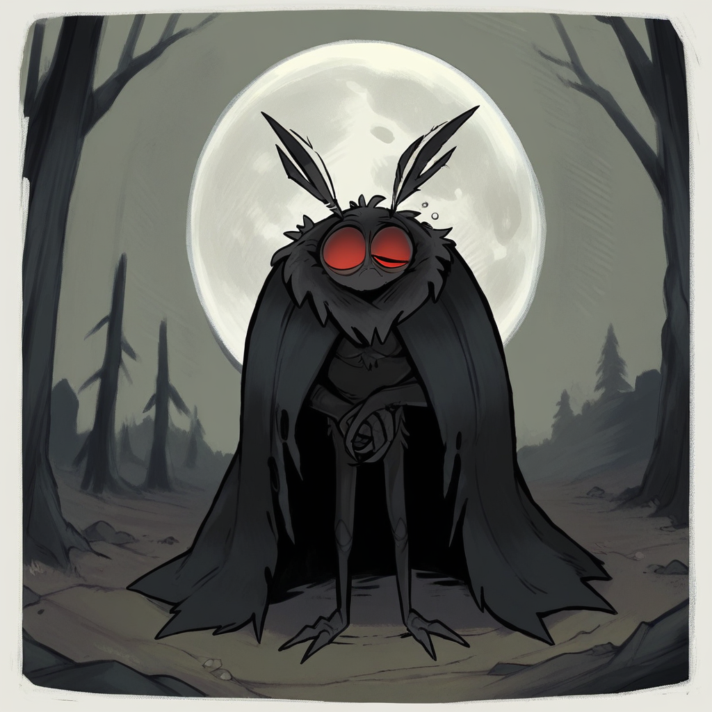 score_8_up, score_7_up, full body, solo male, mothman, black fur, red eyes, antennae, mouthless, cloak, half open eyes, tired, sleepy, outdoors, dynamic, full moon, creepy forest,