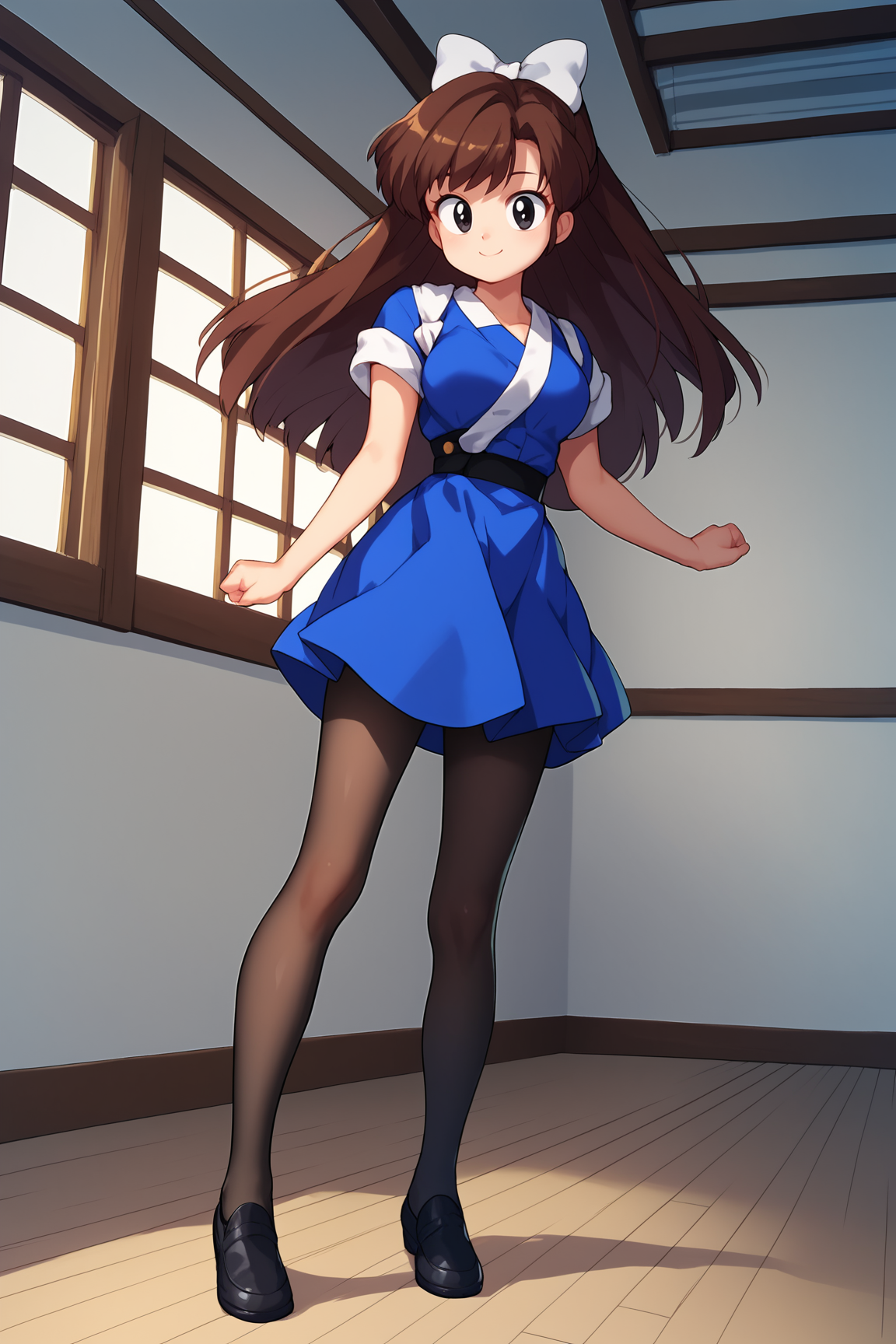 score_9, score_8_up, score_7_up, score_6_up, score_5_up, score_4_up, UkyoKuonjiRXL, 18years, big eyes, black eyes, brown hair, long hair, bangs, hair white bow, medium breasts, short sleeves, blue kimono, white tasuki, black pantyhose, black shoes, solo, full body, standing, dynamic pose, seductive smile, looking at viewer, indoors <lora:UkyoKuonjiRXL:1>