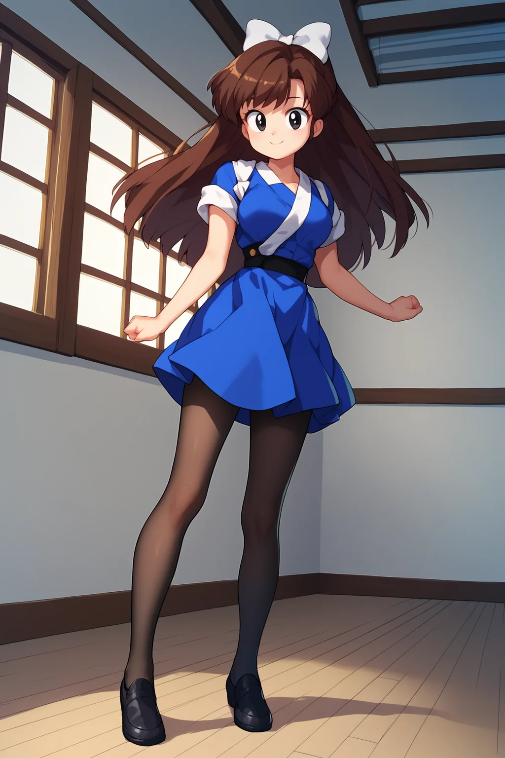 score_9, score_8_up, score_7_up, score_6_up, score_5_up, score_4_up, UkyoKuonjiRXL, 18years, big eyes, black eyes, brown hair, long hair, bangs, hair white bow, medium breasts, short sleeves, blue kimono, white tasuki, black pantyhose, black shoes, solo, full body, standing, dynamic pose, seductive smile, looking at viewer, indoors <lora:UkyoKuonjiRXL:1>