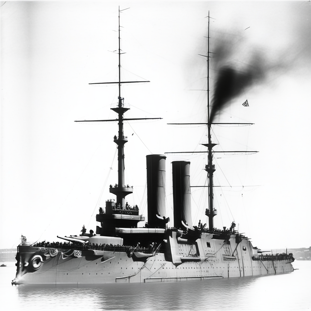 sailing to the viewer with the bow slightly to the right. There is people watching the ship in the foreground, whith light gray smokestacks with a dark detail on top. Black and white photograph. The ship is viewed from a 3/4 perspective, battleship gangut sailing at sea, under grey sky. The ship is painted very dark, with lighter superstructur, greyscale, behing a cloudy sky. black and white photograph. the image portraits the ship nearly broadside, black and white photograph. NEarly broadside photograph. The bow points to the left., ship, with the bow pointing to the right. Some smoke can be seen from the funnels. Black and White photograph, sailing forward., military, Another battleshp sails behind Admiral Ushakov