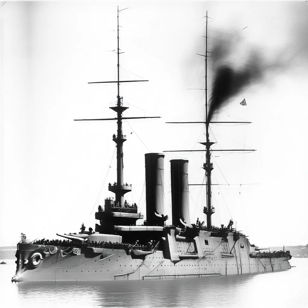 sailing to the viewer with the bow slightly to the right. There is people watching the ship in the foreground, whith light gray smokestacks with a dark detail on top. Black and white photograph. The ship is viewed from a 3/4 perspective, battleship gangut sailing at sea, under grey sky. The ship is painted very dark, with lighter superstructur, greyscale, behing a cloudy sky. black and white photograph. the image portraits the ship nearly broadside, black and white photograph. NEarly broadside photograph. The bow points to the left., ship, with the bow pointing to the right. Some smoke can be seen from the funnels. Black and White photograph, sailing forward., military, Another battleshp sails behind Admiral Ushakov