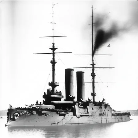 sailing to the viewer with the bow slightly to the right. There is people watching the ship in the foreground, whith light gray smokestacks with a dark detail on top. Black and white photograph. The ship is viewed from a 3/4 perspective, battleship gangut sailing at sea, under grey sky. The ship is painted very dark, with lighter superstructur, greyscale, behing a cloudy sky. black and white photograph. the image portraits the ship nearly broadside, black and white photograph. NEarly broadside photograph. The bow points to the left., ship, with the bow pointing to the right. Some smoke can be seen from the funnels. Black and White photograph, sailing forward., military, Another battleshp sails behind Admiral Ushakov