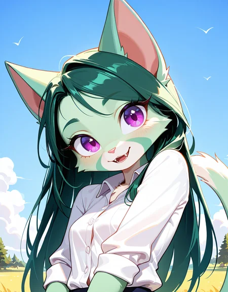 masterpiece, best quality, very aesthetic, absurdres,
outdoors, 
button up shirt,
headshot, head tilt, happy, fangs, 
, parted lips, long eyelashes,
<lora:Lilith_Calah_v01_NAIXL:1>
L1l1th_Ca1a4,1girl,solo,furry,furry female,cat girl,long hair,green hair,cat ears,purple eyes,snout,animal nose,body fur,two-tone fur,green fur,white fur,cat tail,